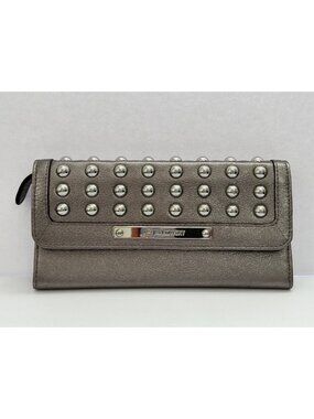 B. Makowsky Metallic Silver Leather Wallet Studded Detail Leopard Print Interior